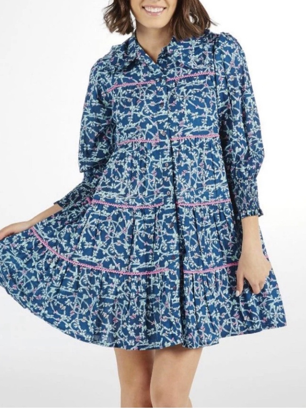 NWT Simply Southern Navy Blue Floral Tiered Button-Up Mini Dress with Pink Trim - Picture 1 of 5
